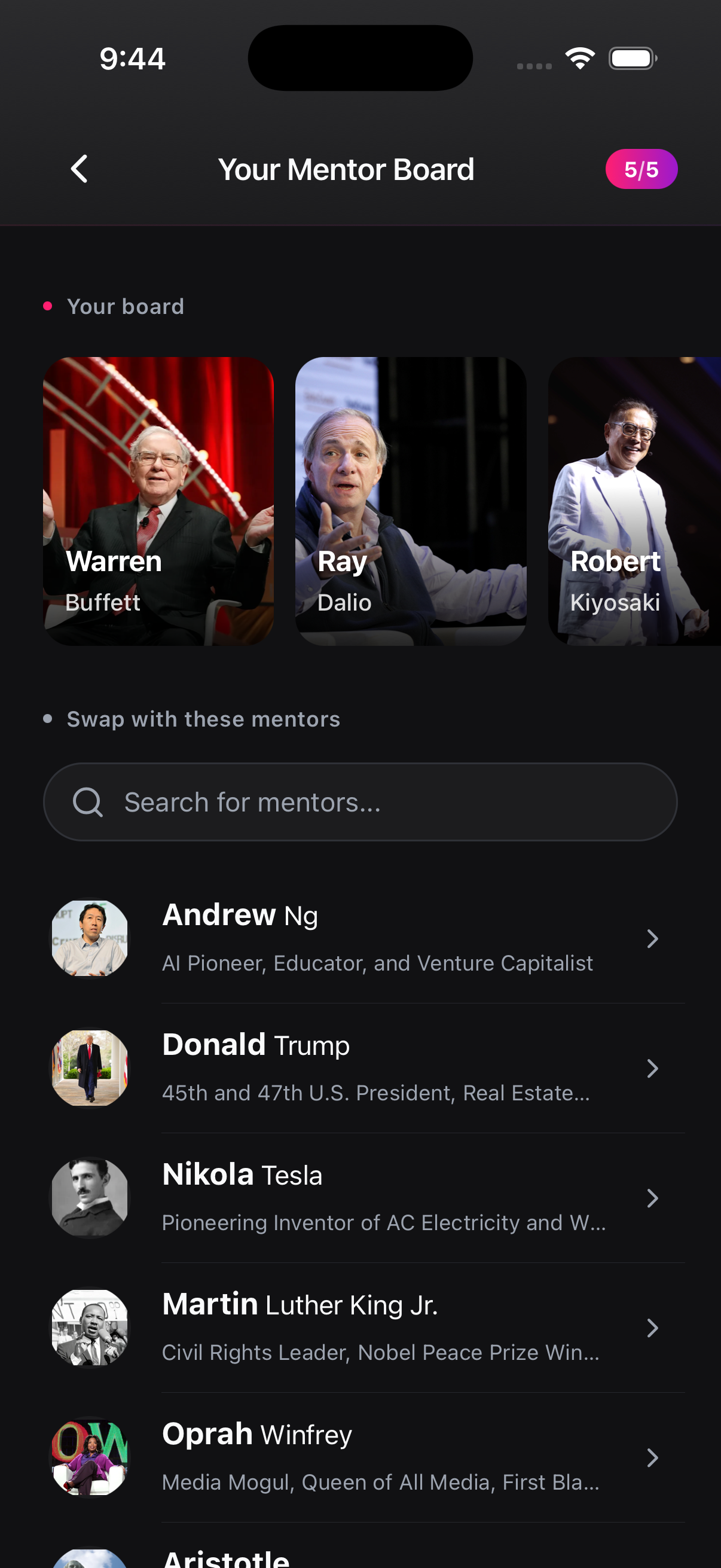 Get Mentors mentor board selection and personalization screen