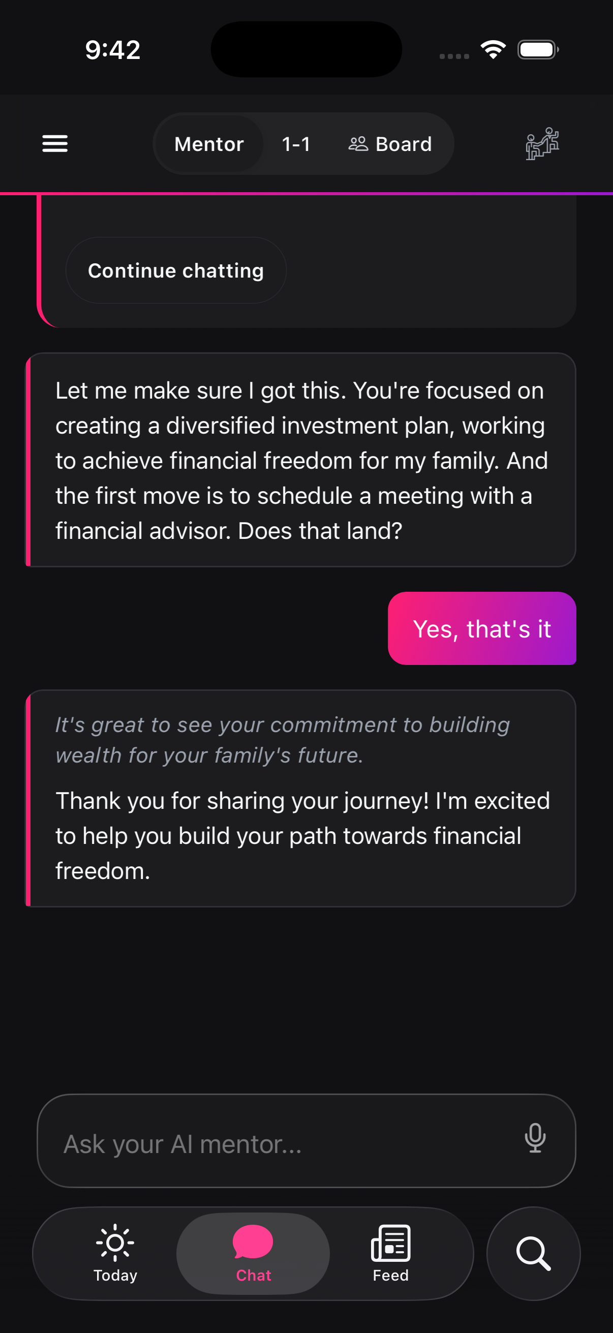 Get Mentors AI mentor conversation grounded in the user journey
