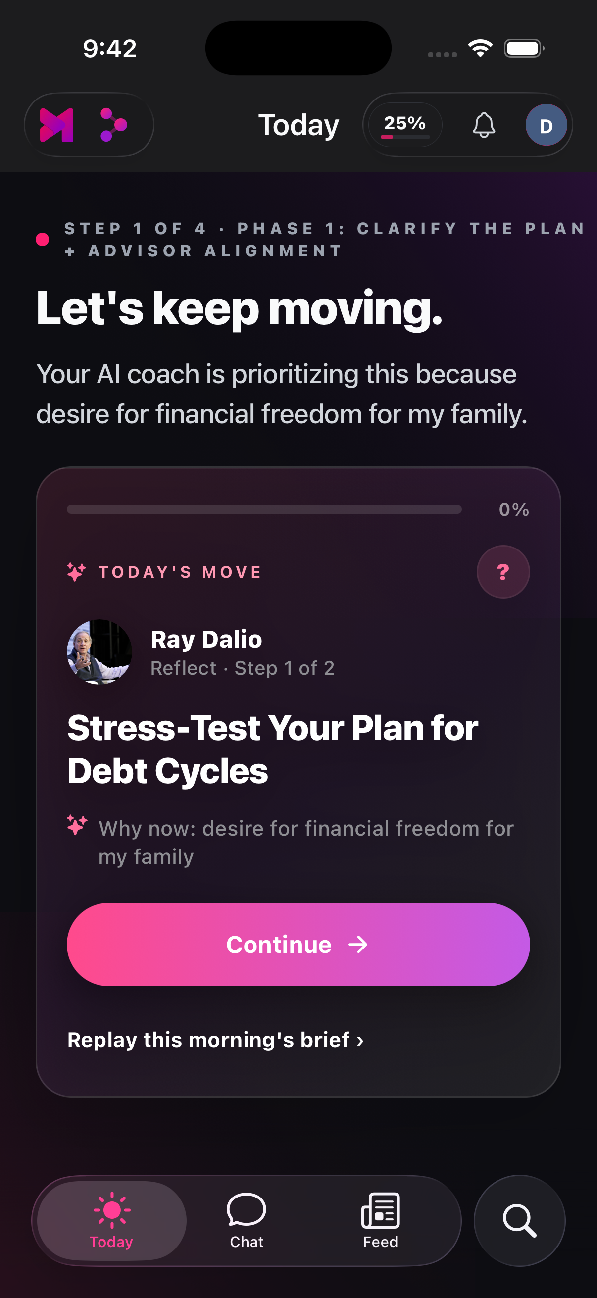 Get Mentors Today screen with a prioritized action and AI coach context