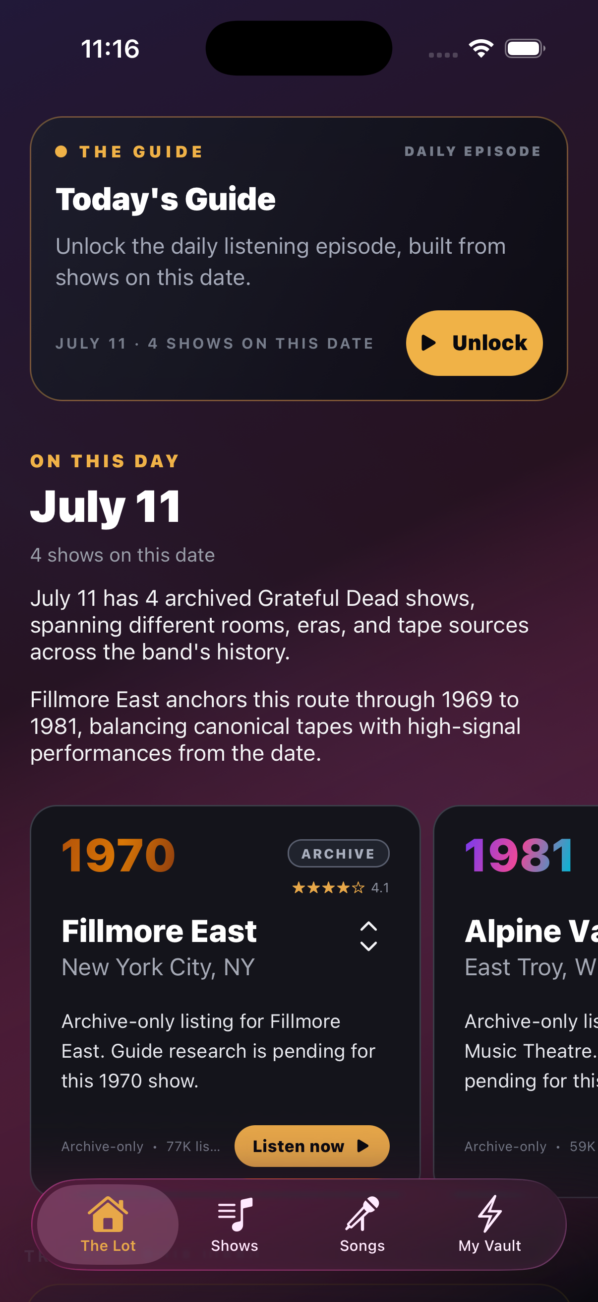 LiveVault daily discovery screen with archive context and listening recommendations