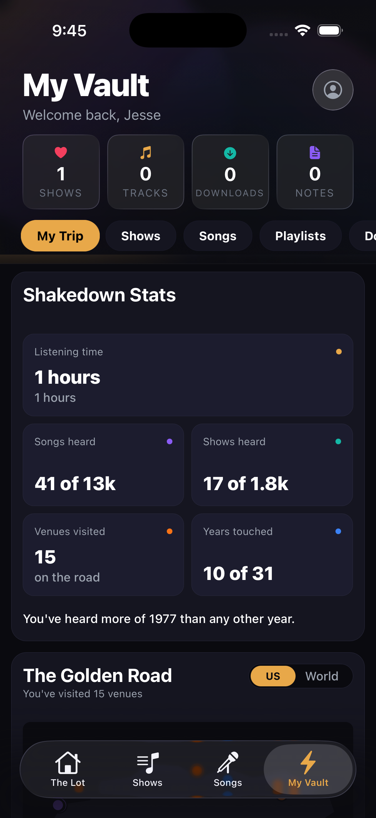 LiveVault personal vault with listening history, saved shows, and trip progress