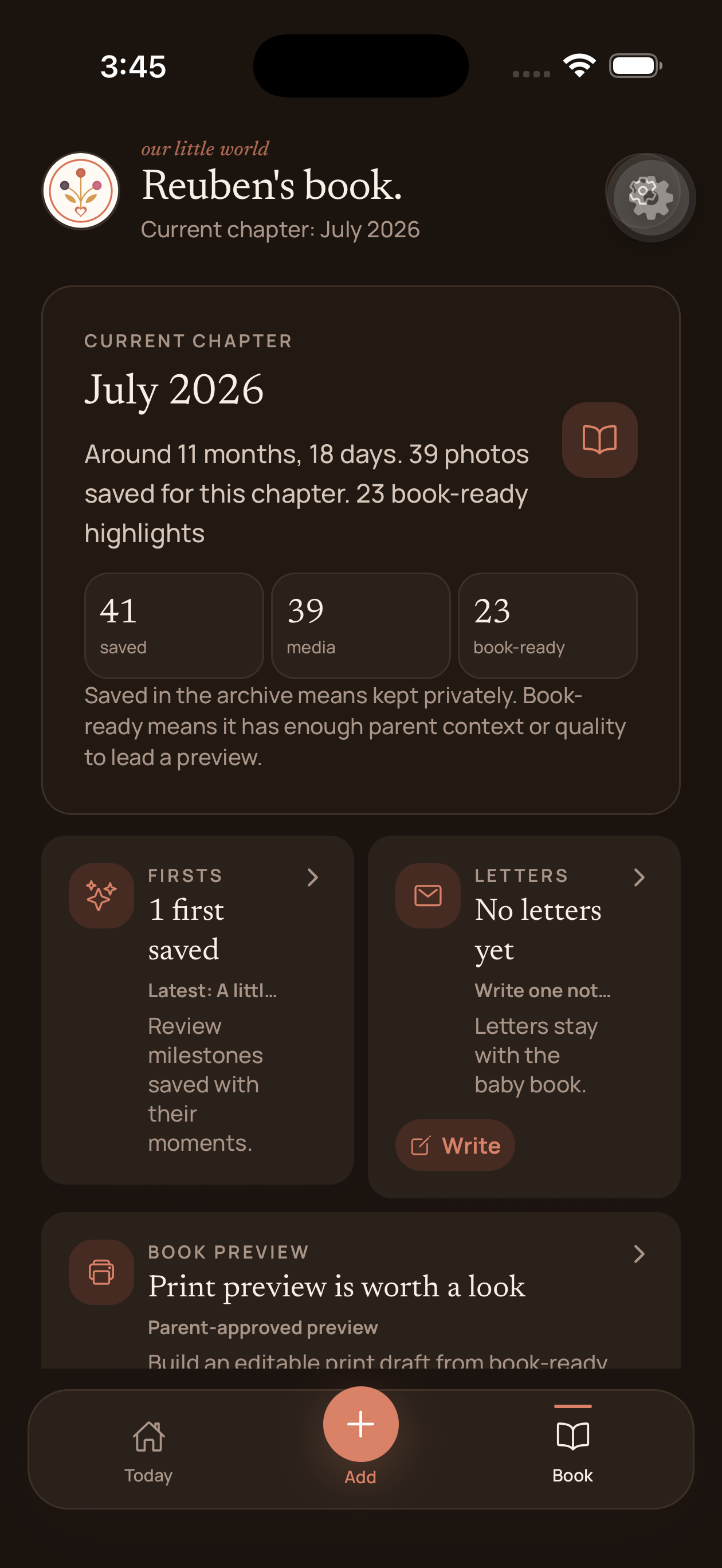 Our Little World baby book with a monthly chapter, firsts, letters, and print preview